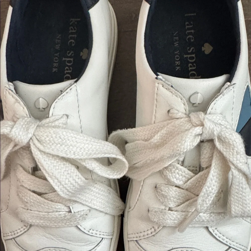 Kate Spade Fez White Leather Sneakers Navy Spade Logo Women’s 7